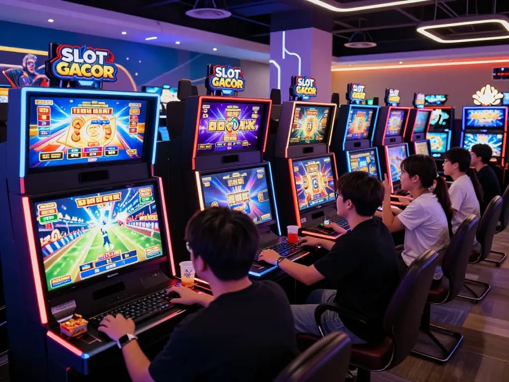 SLOT GACOR players enjoying an engaging gaming environment, with bright lights and excitement.