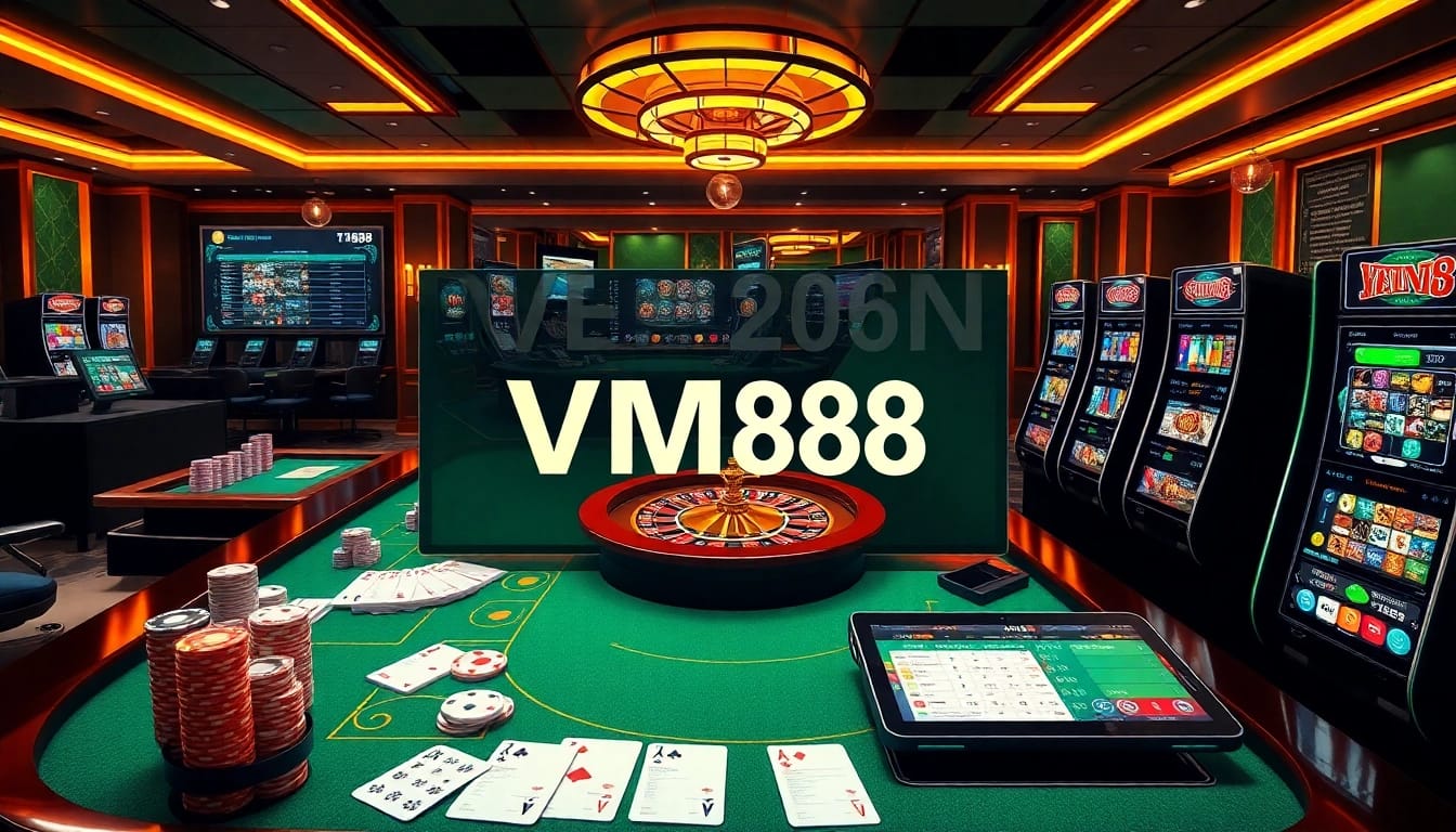 Engaging VM88 online casino interface displaying poker chips, cards, roulette wheel, and slots in a luxurious setting