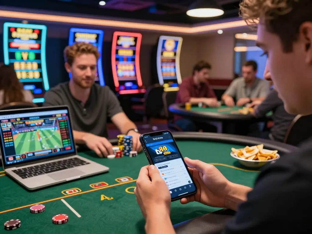 Diverse gamblers enjoying online gaming at tv88 com in a modern lounge.