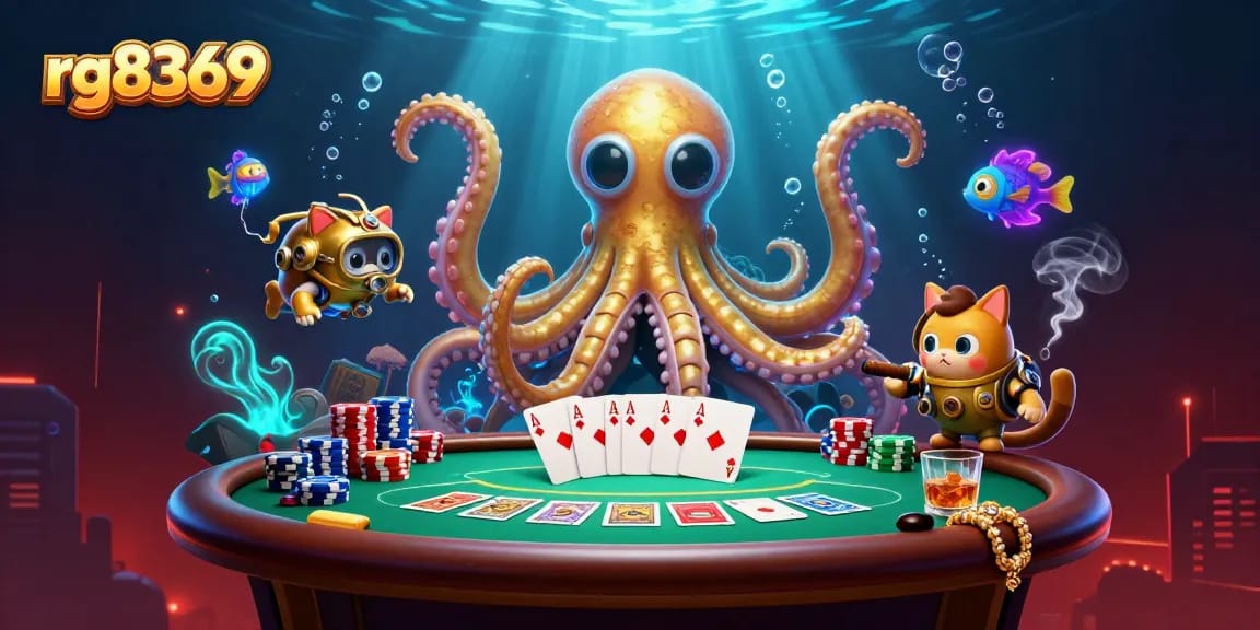 Join the excitement at rg8369 as the colossal kraken and diving cat tackle thrilling poker rounds in vibrant underwater casino.