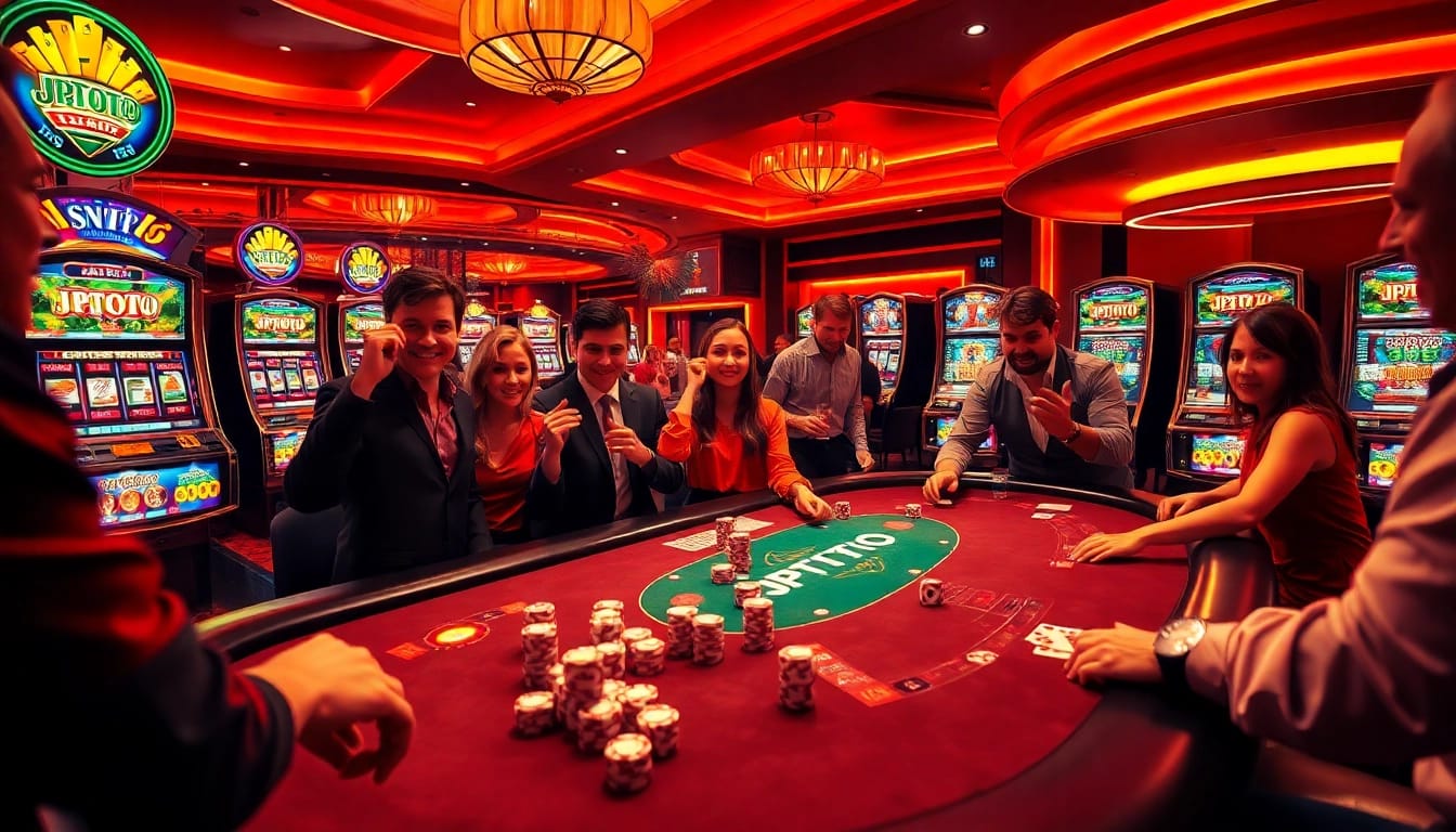 Pemain yang terlibat menikmati kegembiraan di meja kasino bertema JPTOTO yang menampilkan permainan poker dan dadu.