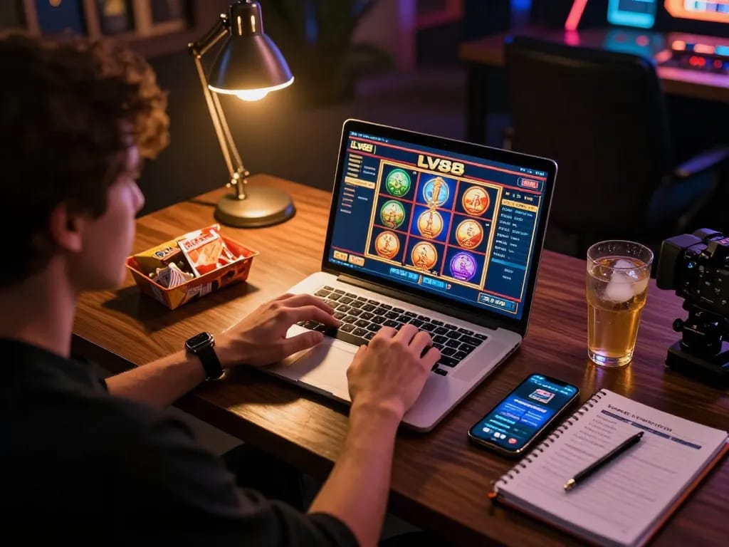 Player interacting with LV88 online casino game on laptop screen during cozy gaming session