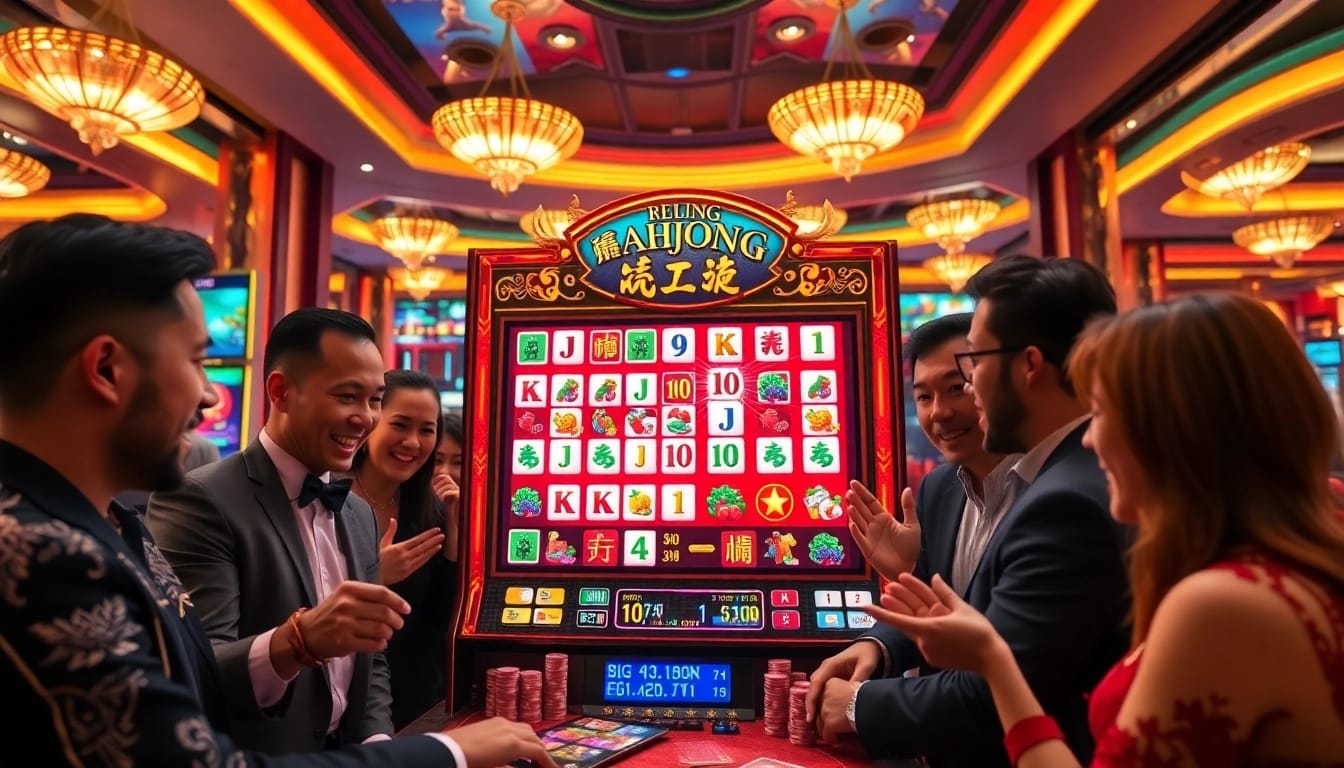 Pecinta sensasi bermain Mahjong Slot di kasino mewah, menampilkan kegembiraan dan antisipasi.