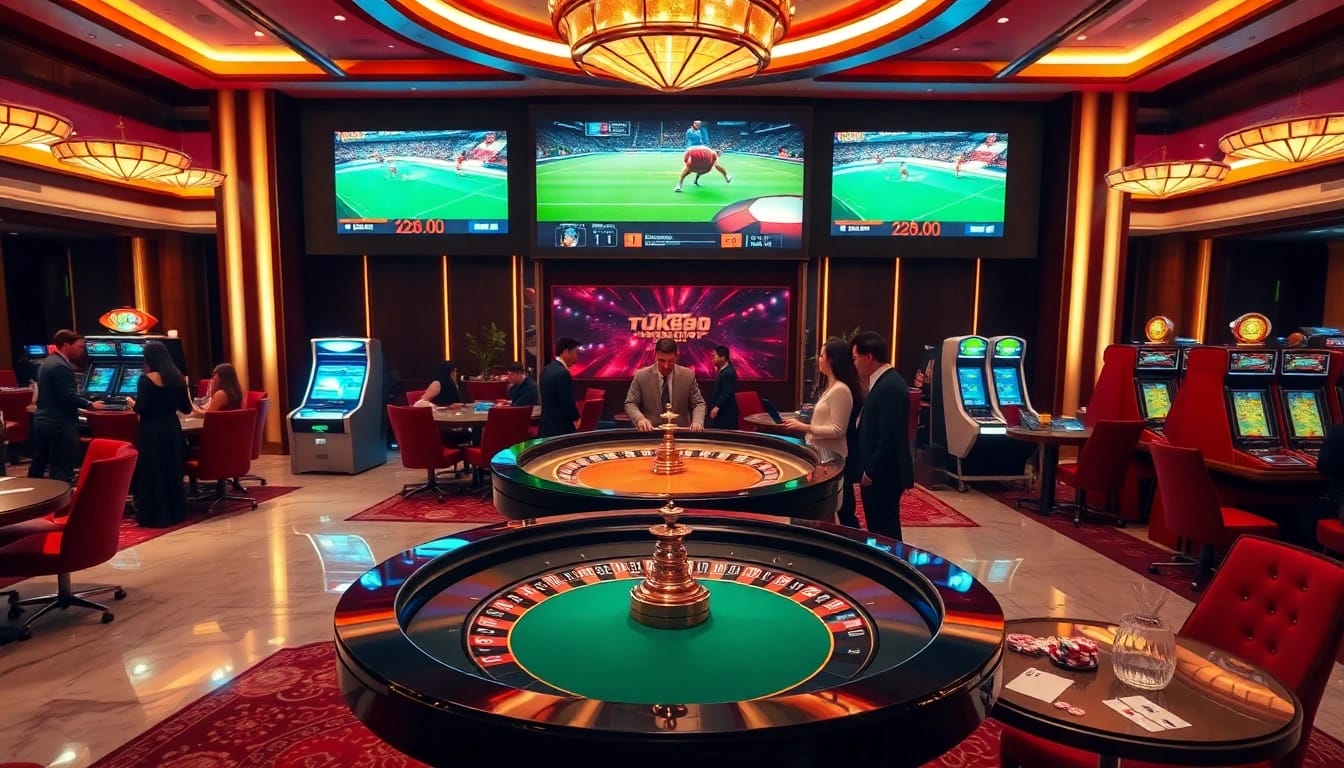 Experience the excitement of tk88 in a lavish casino setting with roulette and enthusiastic players.