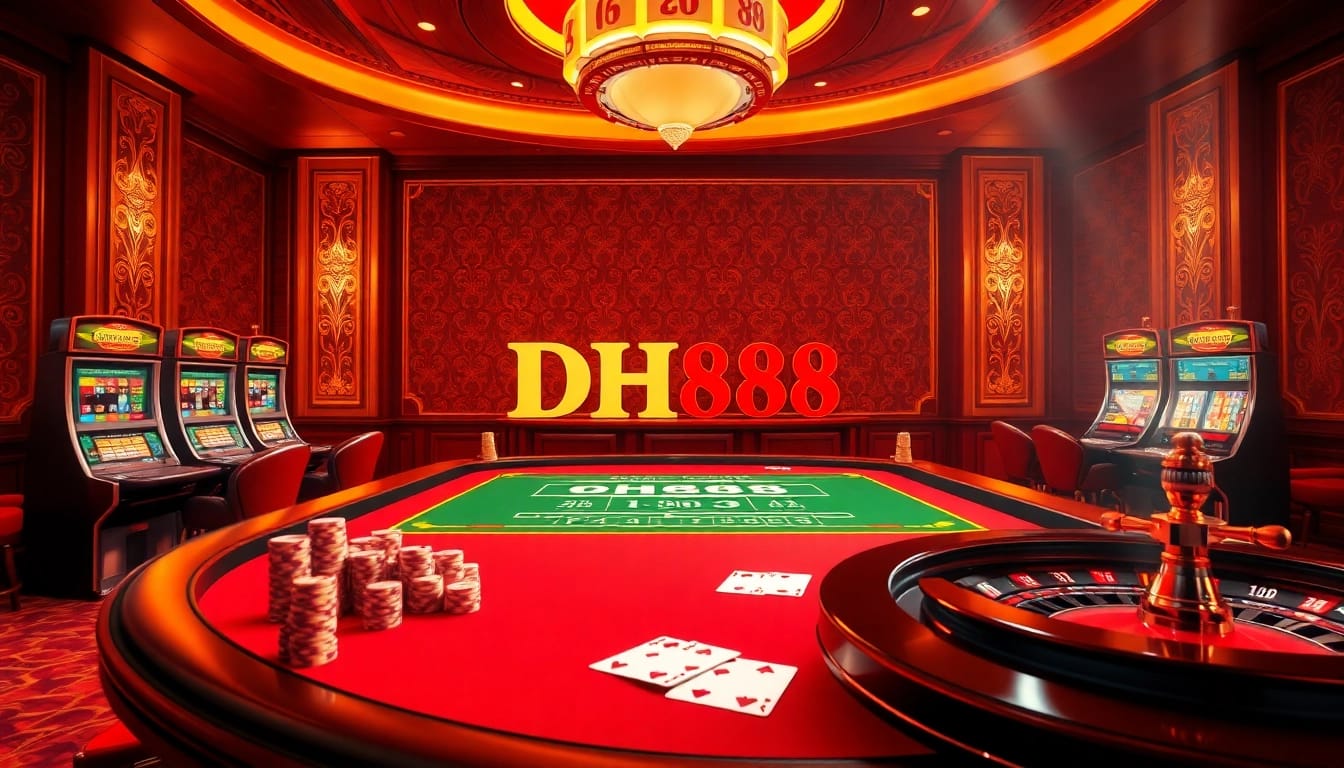Experience thrilling gaming action at DH88's luxurious casino tables with poker chips and elegant cards.