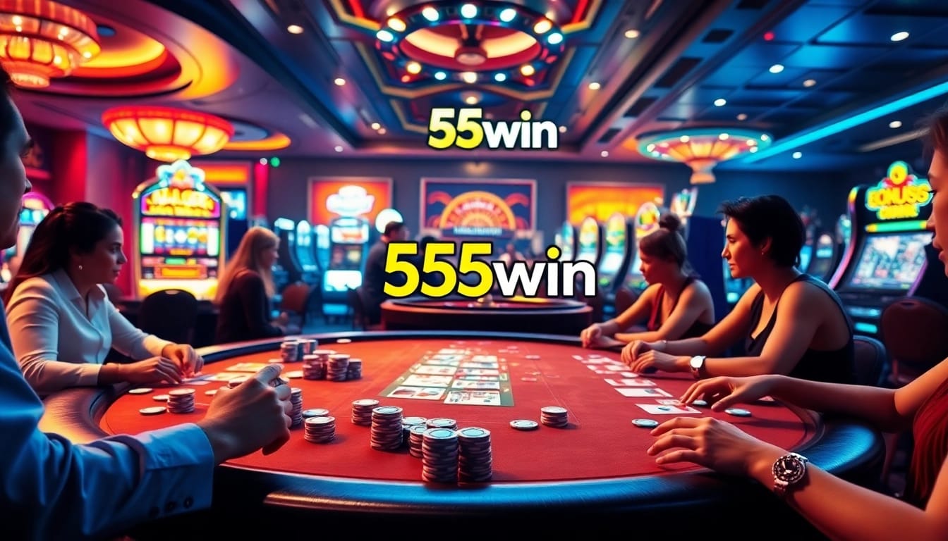 Engaging gamblers at the 555win poker table with vibrant chips and cards.