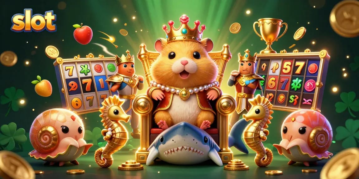 Permainan slot yang seru menampilkan hamster emas raja di singgasana gigi hiu megalodon, dikelilingi simbol slot.