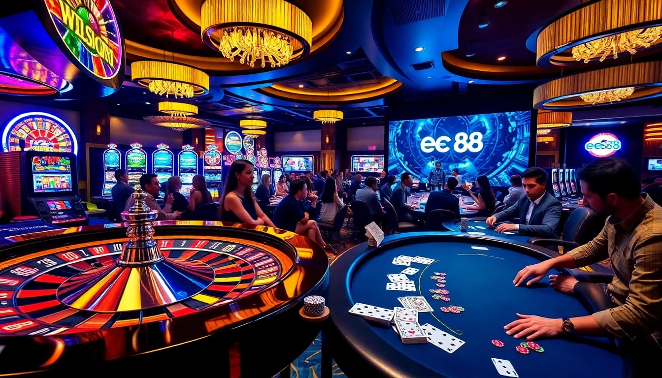 Exciting gameplay at ee88 casino with vibrant slot machines and a roulette wheel.
