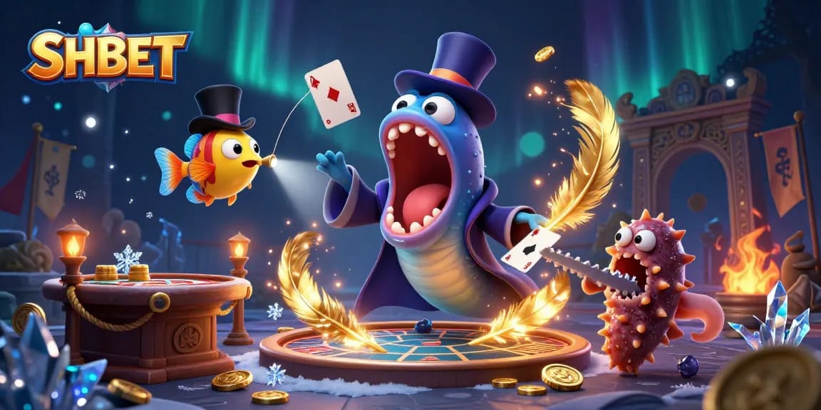 Experience thrilling SHBET games with bioluminescent characters in a vibrant casino scene.