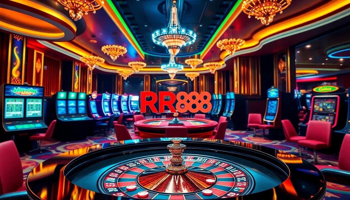 Experience the excitement of winning at RR88 with a dynamic casino scene featuring roulette and poker.
