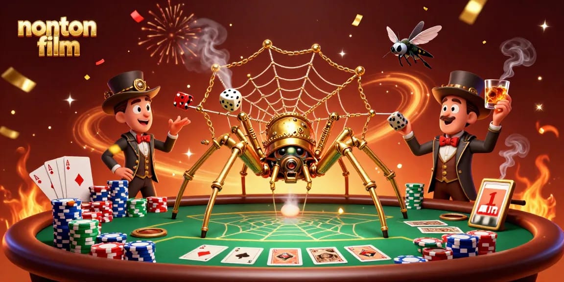 Nonton film vibrant 3D illustration showcases a steampunk spider catching dice in a dazzling poker scene.
