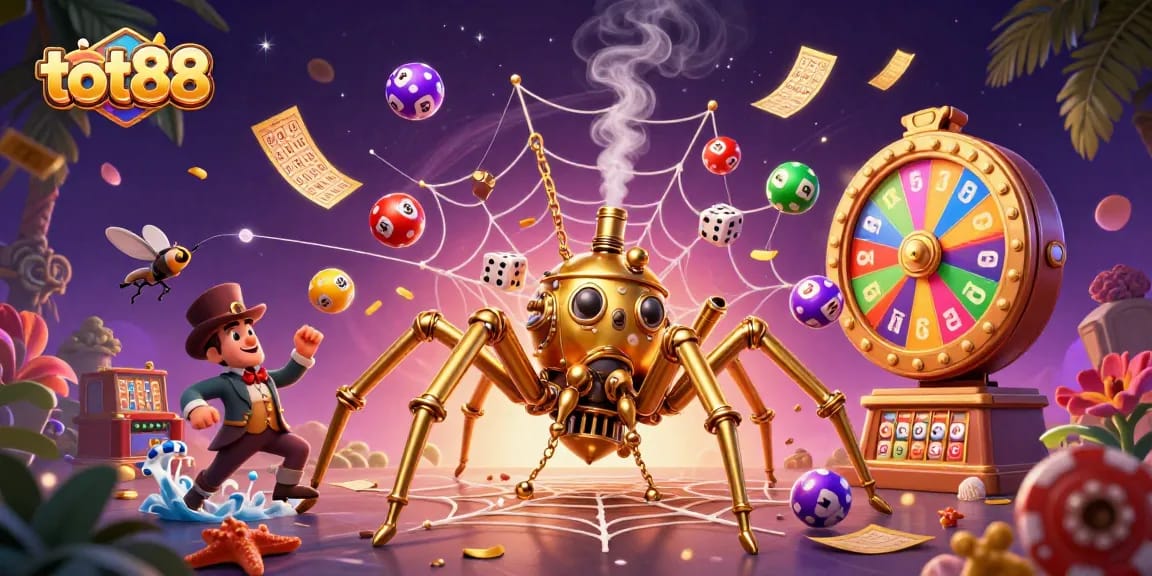Experience the excitement of tot88's dynamic casino scene with colorful lottery elements swirling.