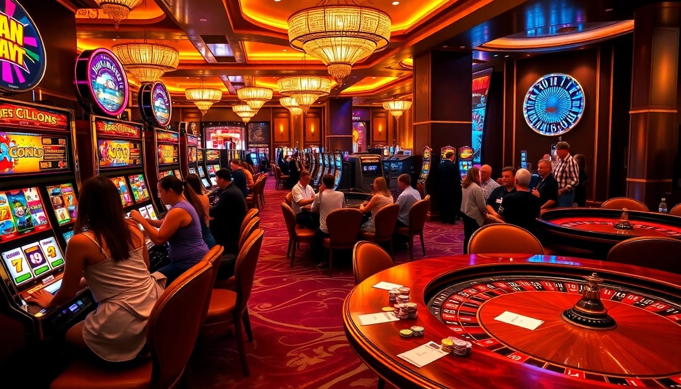 Excited gamblers playing slot gacor machines in a vibrant casino atmosphere filled with luxury.