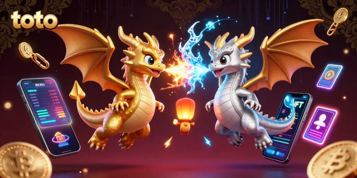 Engage in thrilling toto gameplay with gold and silver dragons amid vibrant crypto elements.