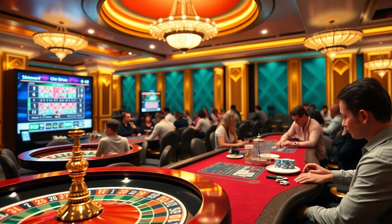 Experience the excitement of shbet with vibrant casino tables filled with players and games.