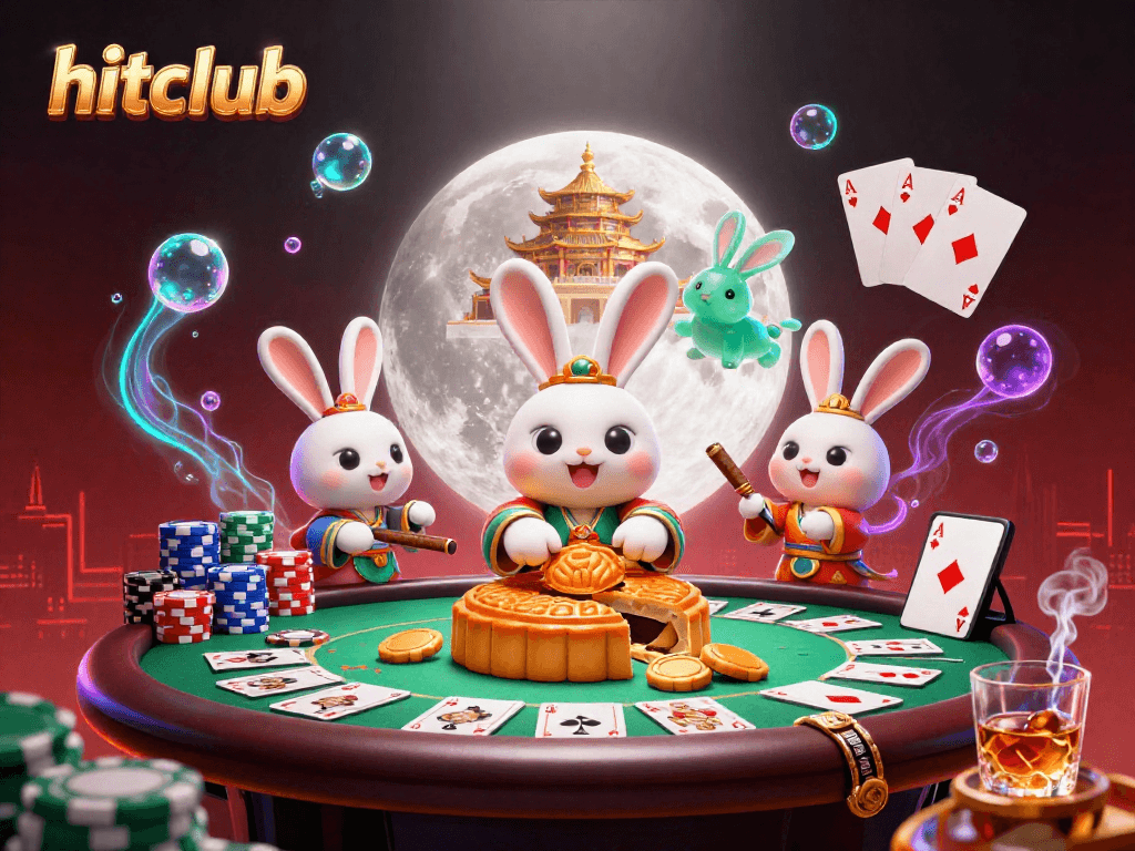 hitclub showcases a vibrant lunar scene with a cartoon moon rabbit and poker chips amidst rich casino elements.