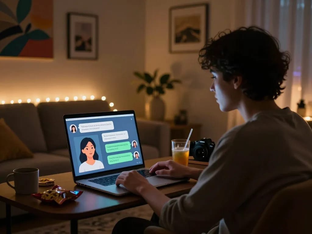 Engaging in porn AI chat with a digital companion in a cozy virtual setting.