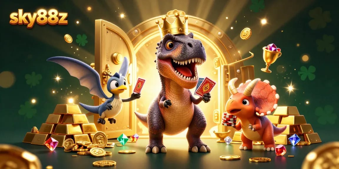 Experience thrilling games at sky88z with 3D dinosaurs in a vibrant casino atmosphere.