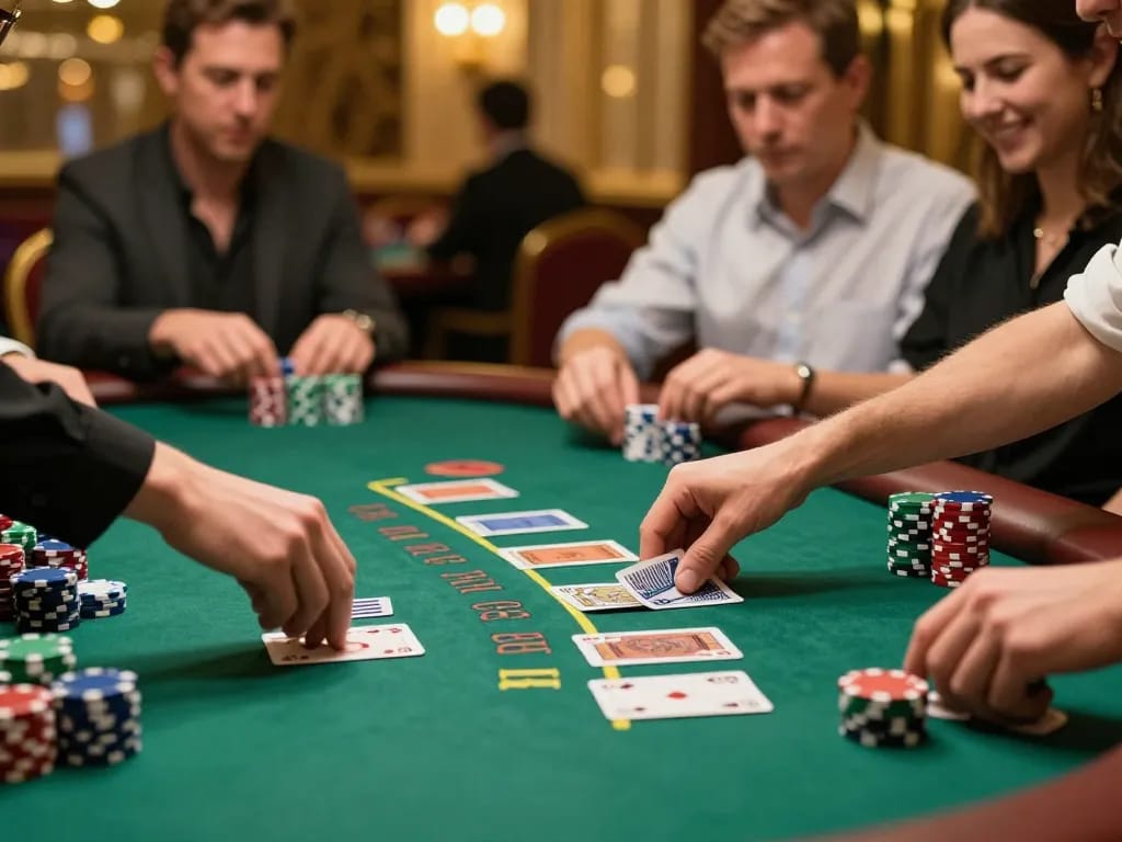 Strategi pemain AJAIBTOTO di meja blackjack dengan kartu dealer dalam suasana kasino mewah.