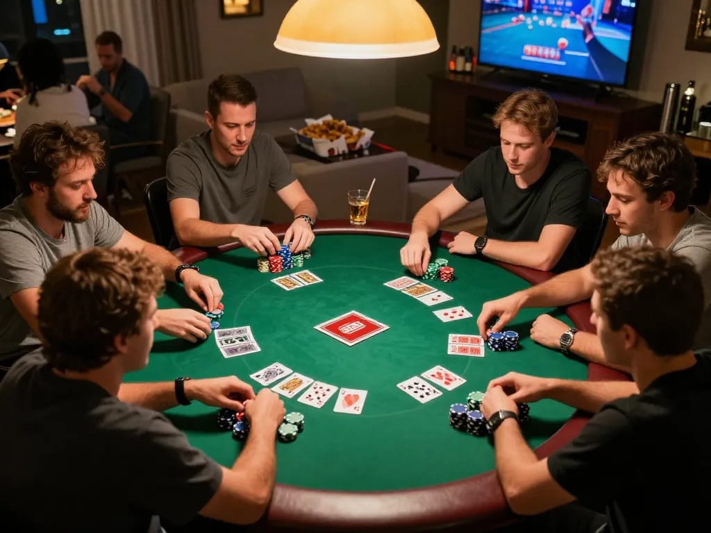 Players enjoying a thrilling poker game at F168 home game night, focused on strategy and camaraderie.