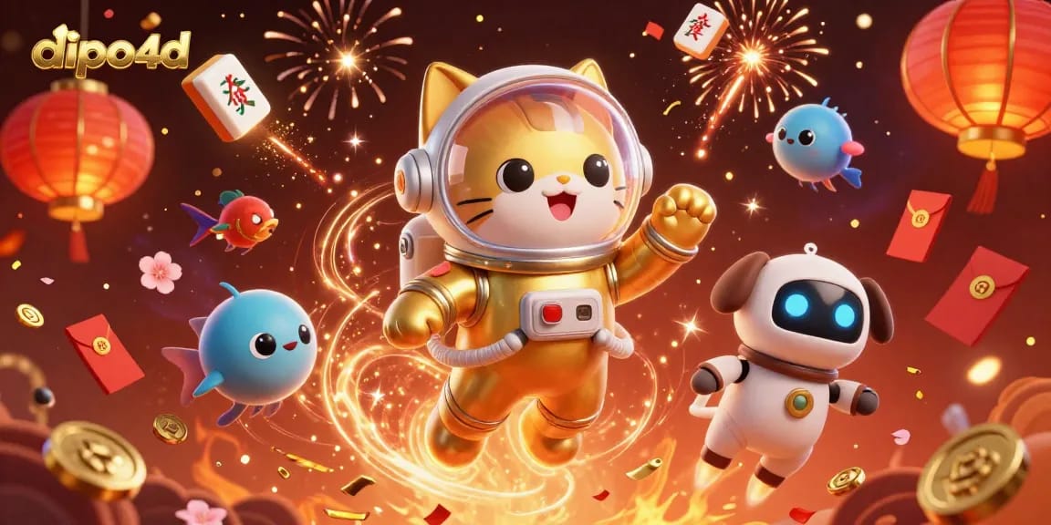 Engage with dipo4d's thrilling atmosphere in a vibrant lottery scene, featuring a quirky astronaut cat and robot dog