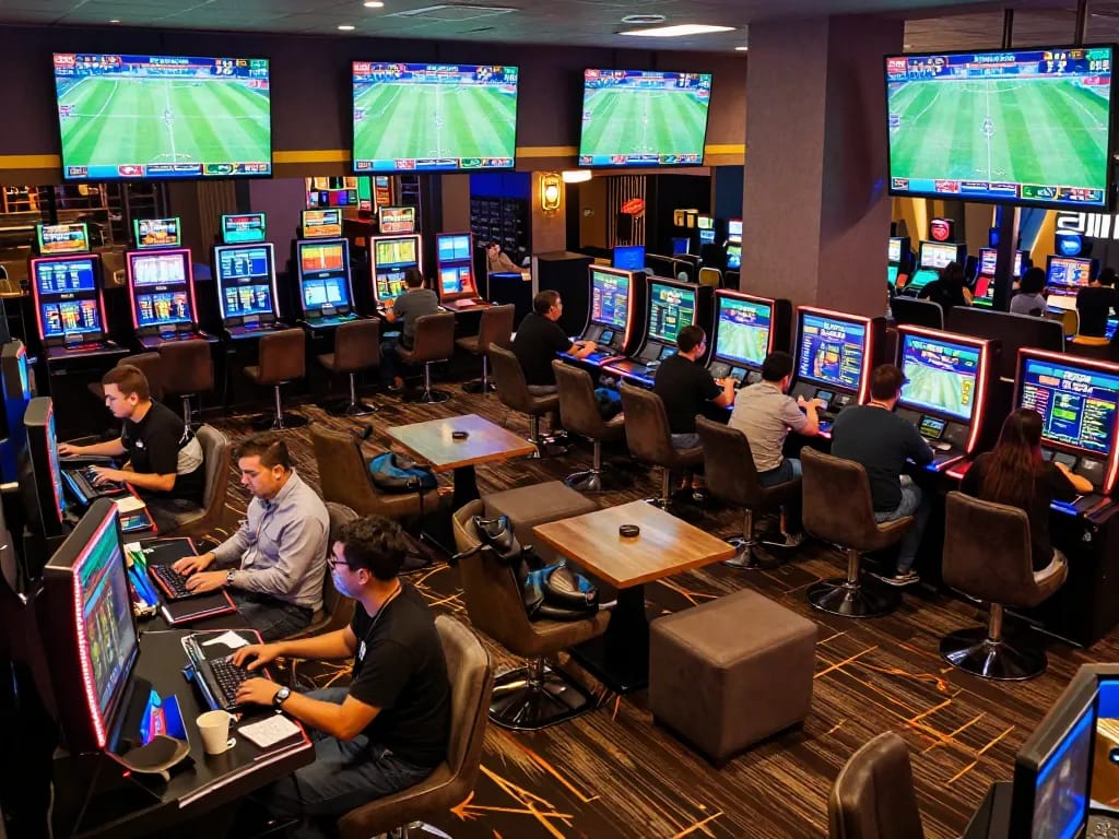Spectators engaging in soi kèo sports betting, surrounded by live screens and vibrant casino ambiance.