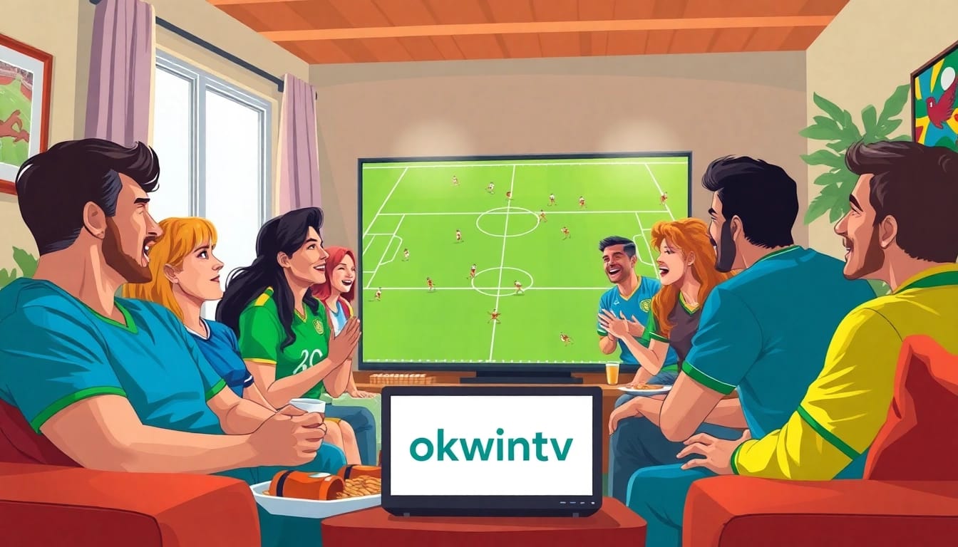 Excited fans enjoying a football match on OKWINTV in a lively living room.