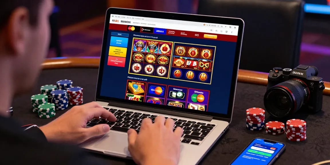 Engaging scene at https://cullengolfclub.co.uk, featuring a player exploring credit card casino options with Visa and Mastercard payment methods, colorful games, and exciting bonuses.