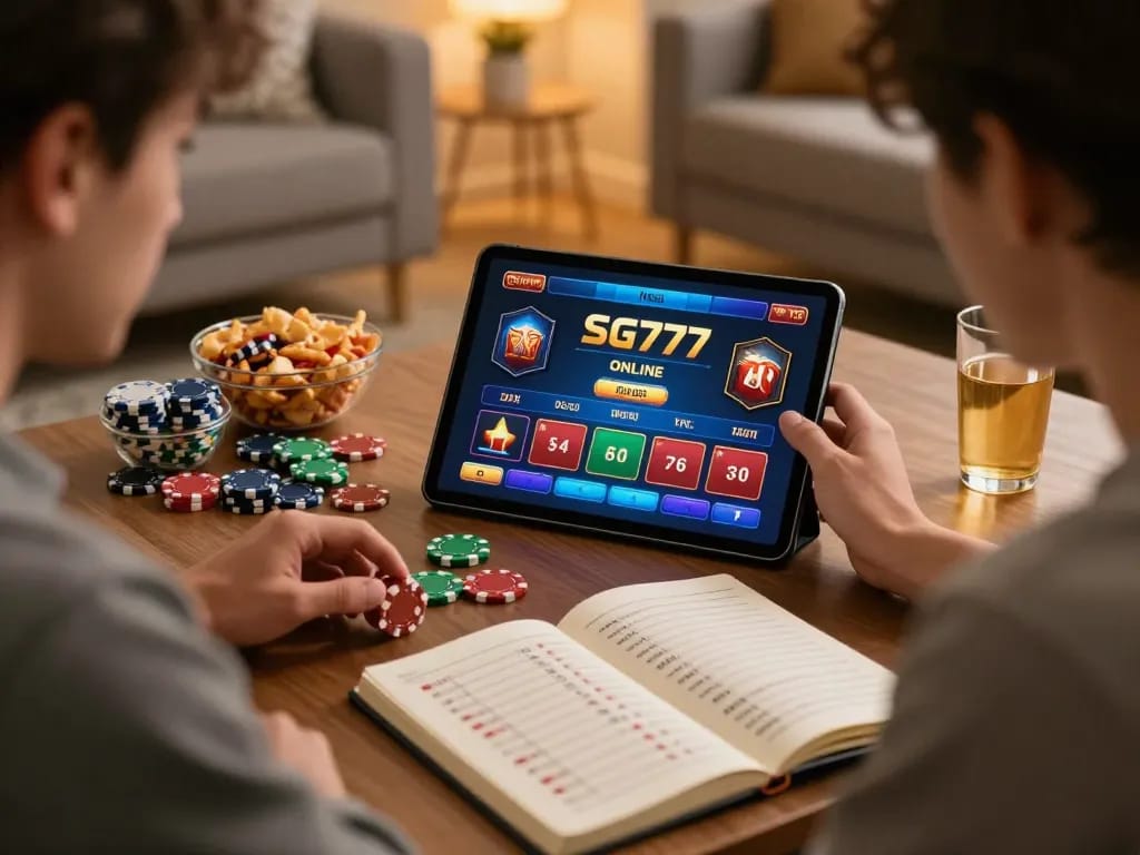 Player engaging with SG777 online casino app while focused on strategy notes and casino chips.