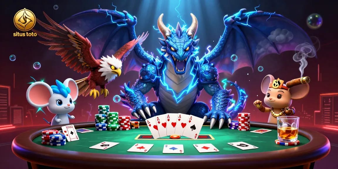 Situs toto engaging cartoon illustration showcasing intense gaming action with poker elements.
