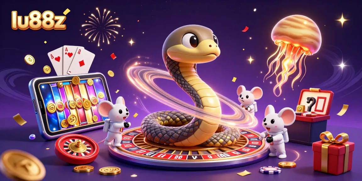 Engage with lu88z's cosmic casino scene of eager astronaut mice and a roulette wheel snake.