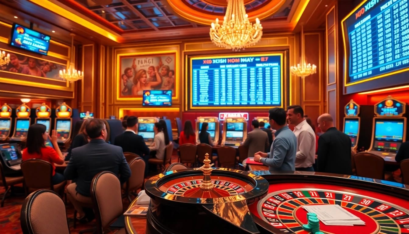Xổ số hôm nay results displayed in a lively casino lottery hall atmosphere.