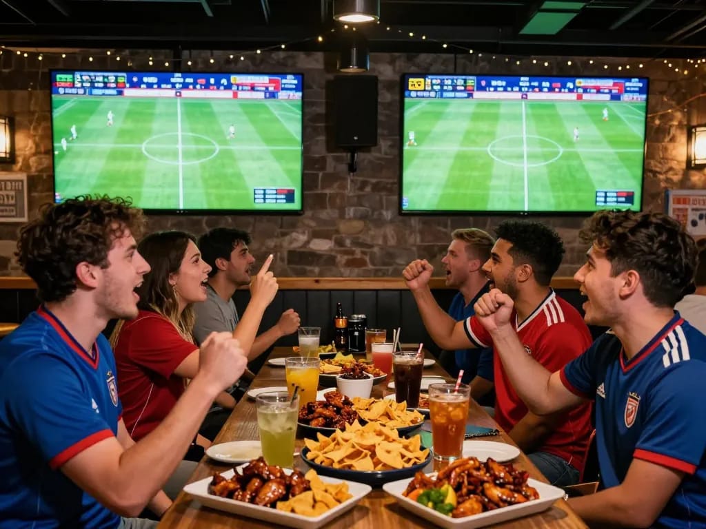 SocoliveTV live soccer streaming event with excited fans watching match at a sports bar.