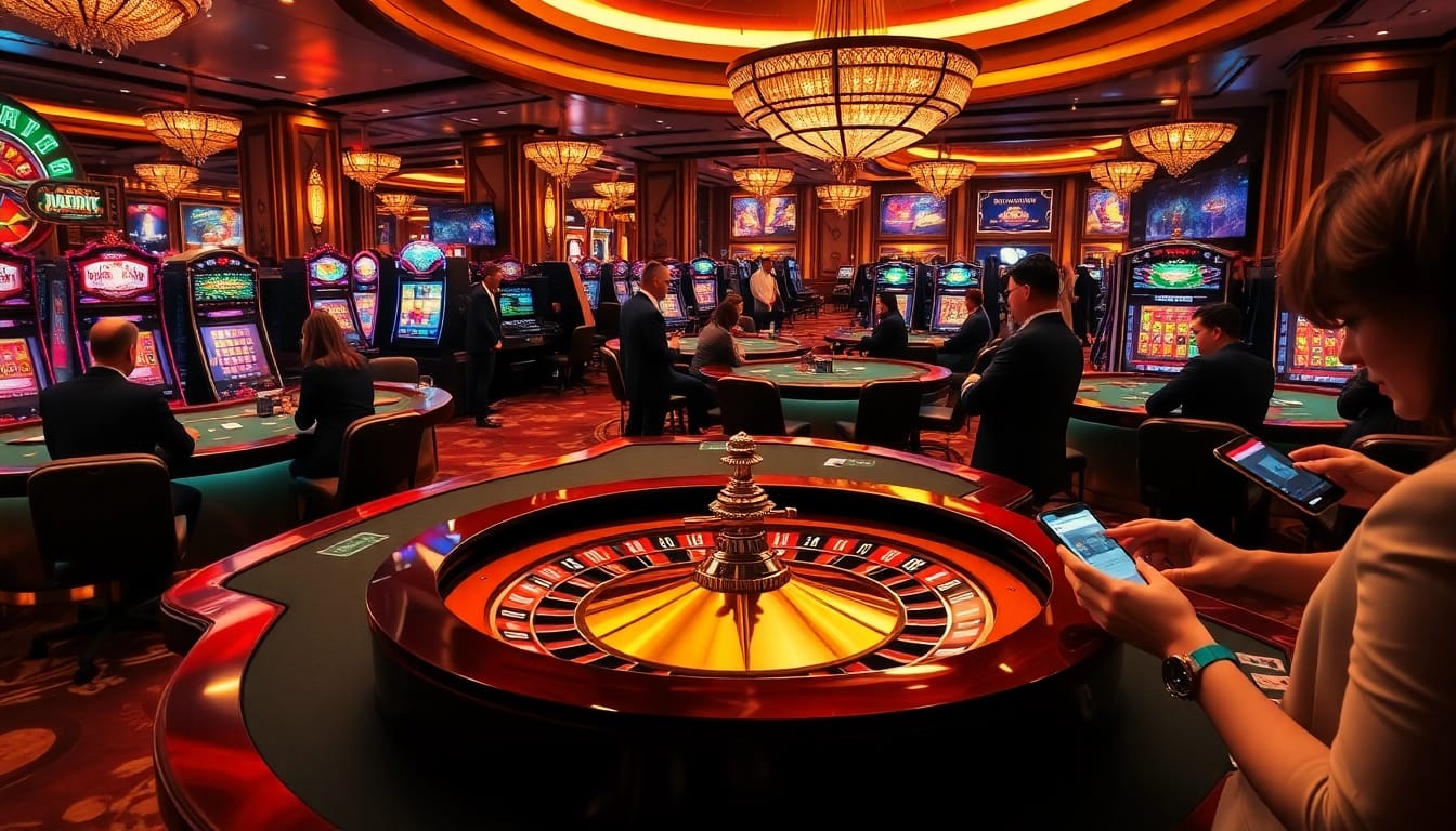 Experience the thrill of the bdtk1 app in a luxurious casino setting with players engaged in various games.