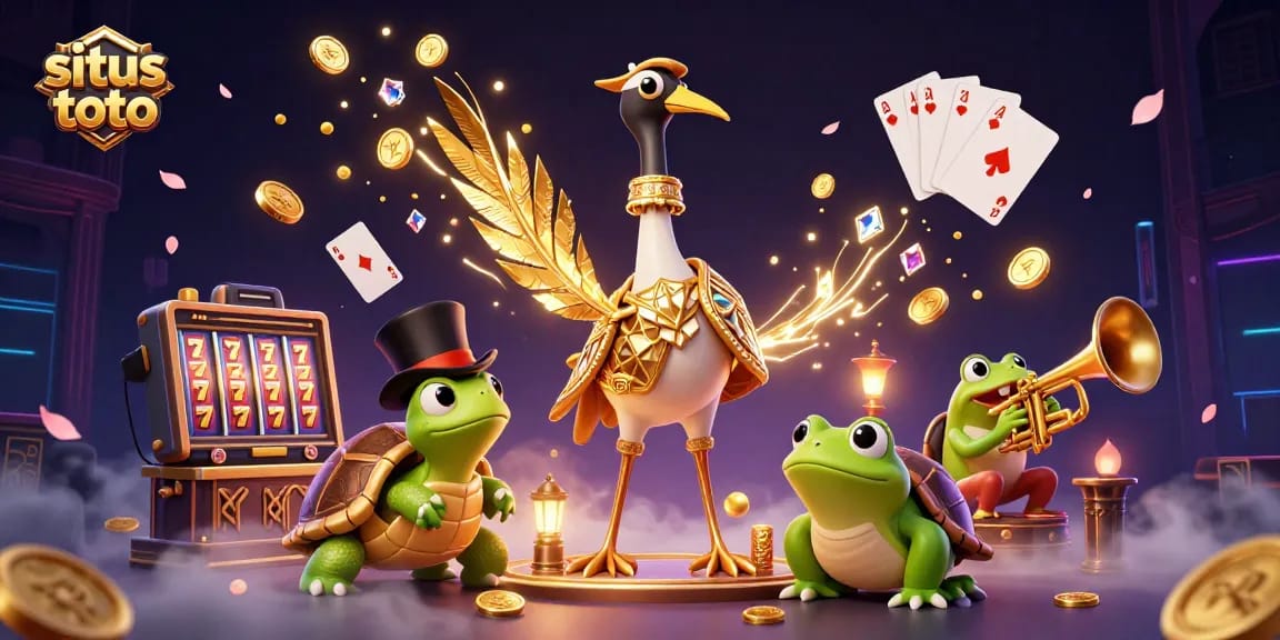 Engage with situs toto’s vibrant 3D cartoon illustration featuring a decorative crane, top-hat turtle, and trumpet frog amidst casino elements.