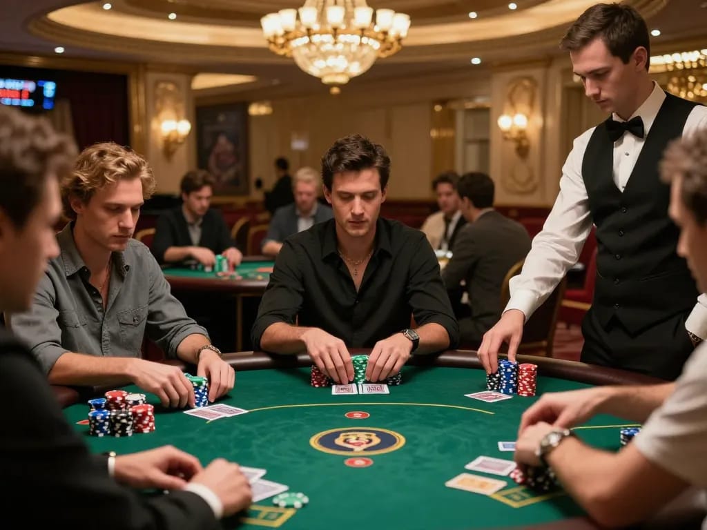 Nohu90 players intensely strategizing at a high-stakes poker table in a luxurious casino