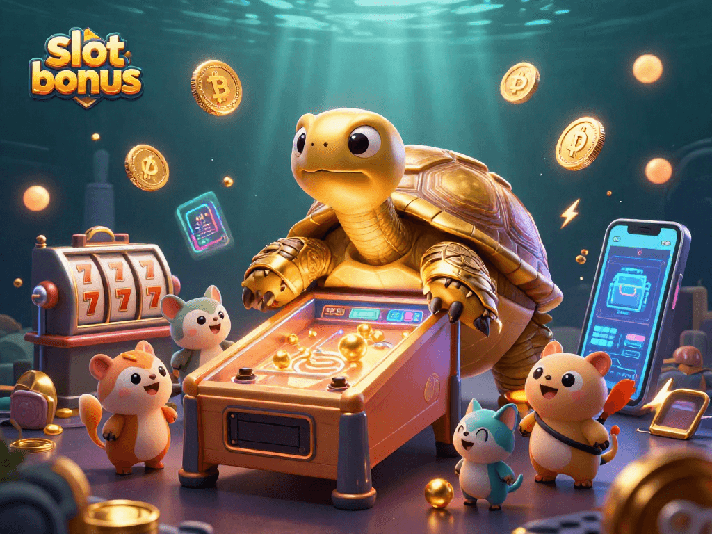 Experience the exciting slot bonus with our golden tortoise pinball machine amidst colorful online casino elements.