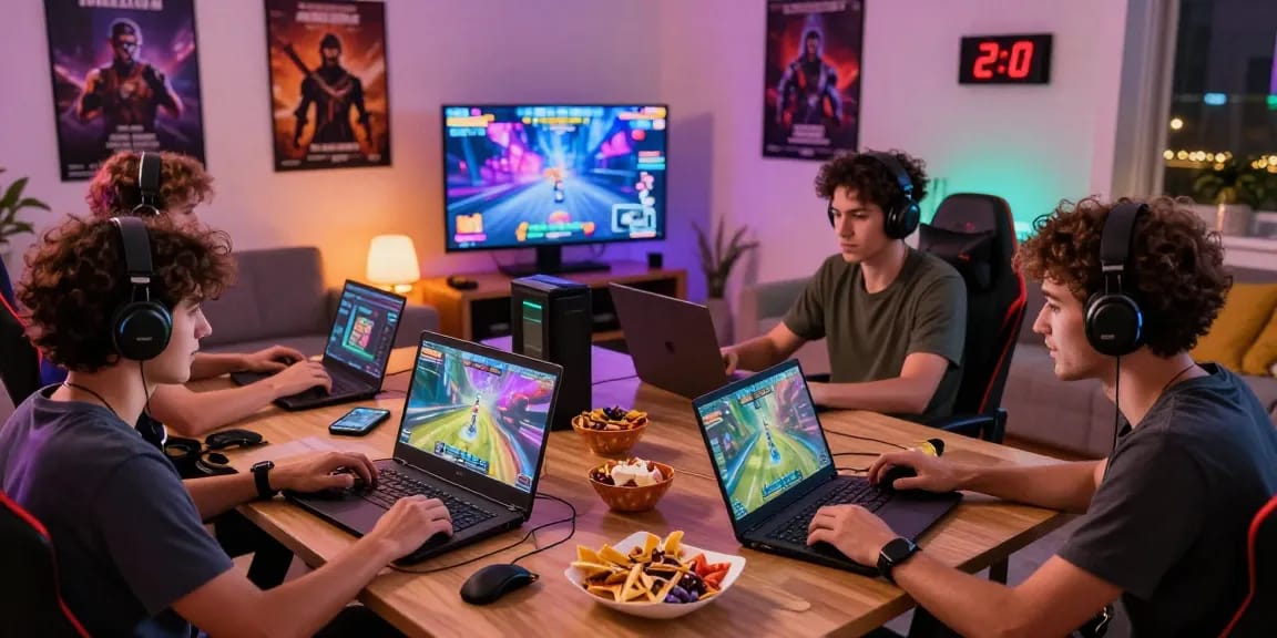 Exciting gaming night with players enjoying platform games on various devices, showcasing the cika4d link experience.