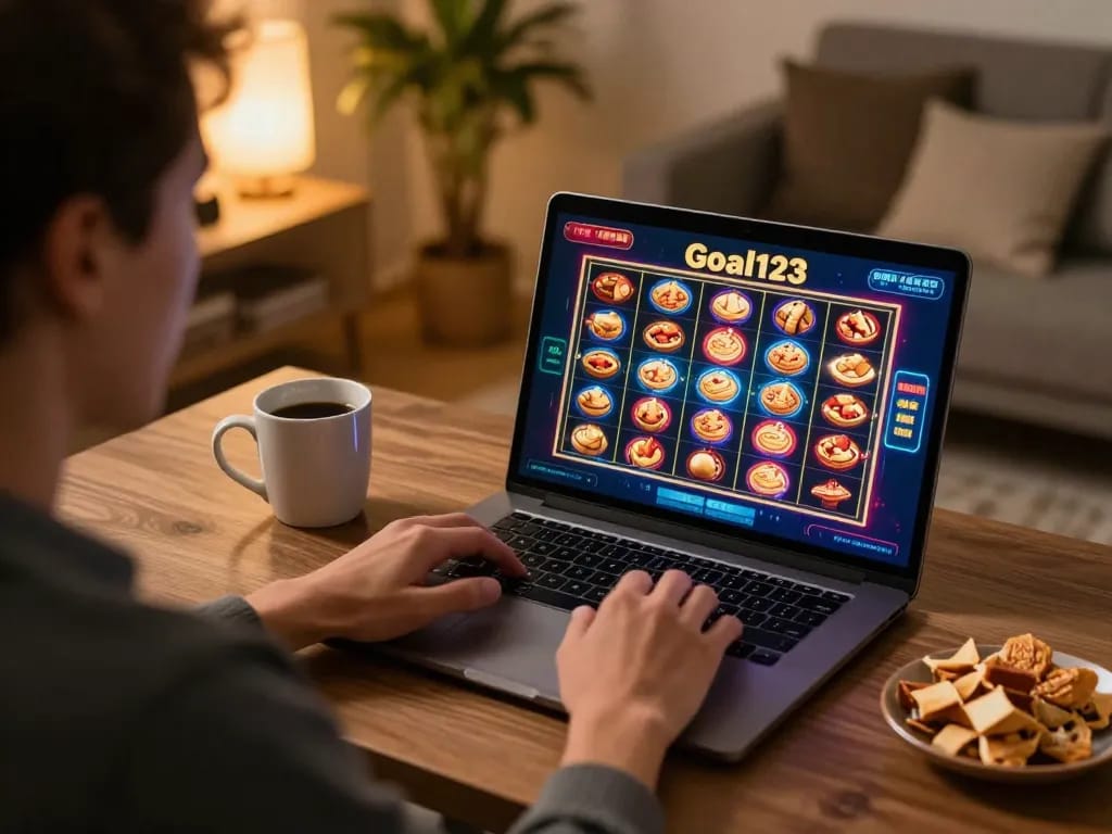 Engaging gameplay at goal123 casino online, using laptop to play slots with a cozy home setting.