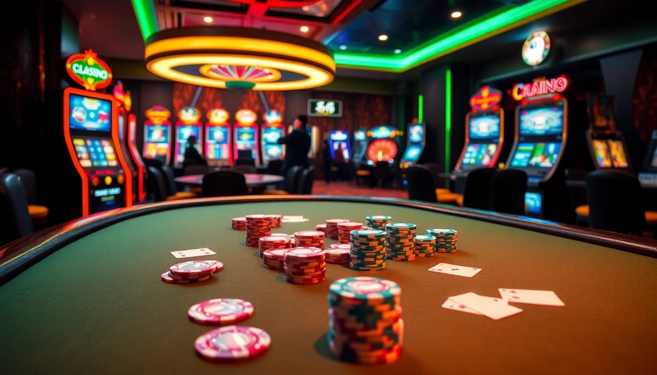 Experience the thrill at https://uu88ae.com/ with vibrant slot machines and an exciting poker table.