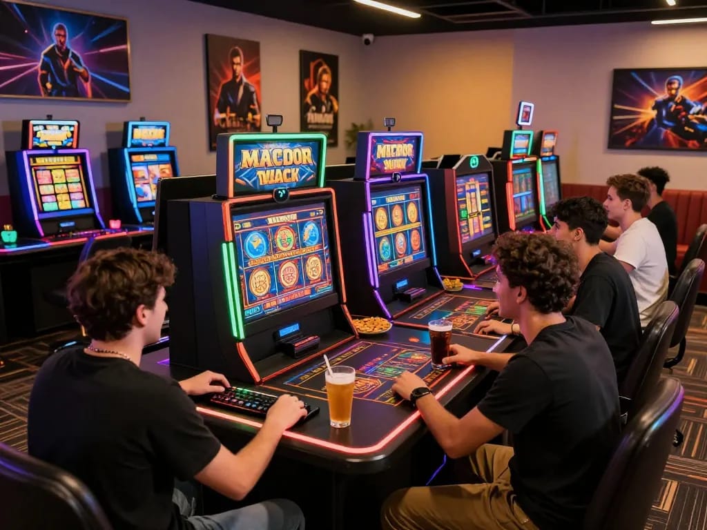 Teman-teman menikmati pengalaman bermain slot gacor yang cerah di lingkungan studio modern.