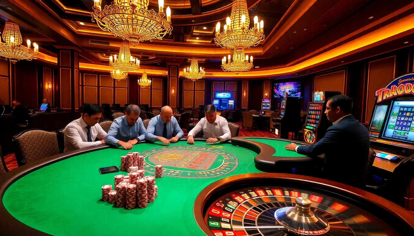 Engaging poker game at sky 88 casino, showcasing strategic play around an elegant table.