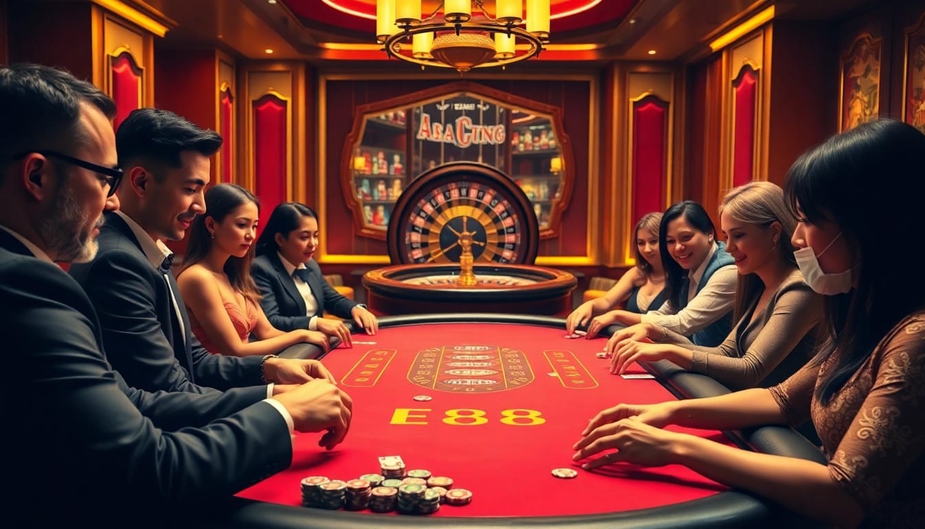 Players enjoy an exciting poker game at the EE88 casino table, showcasing vibrant gambling energy.