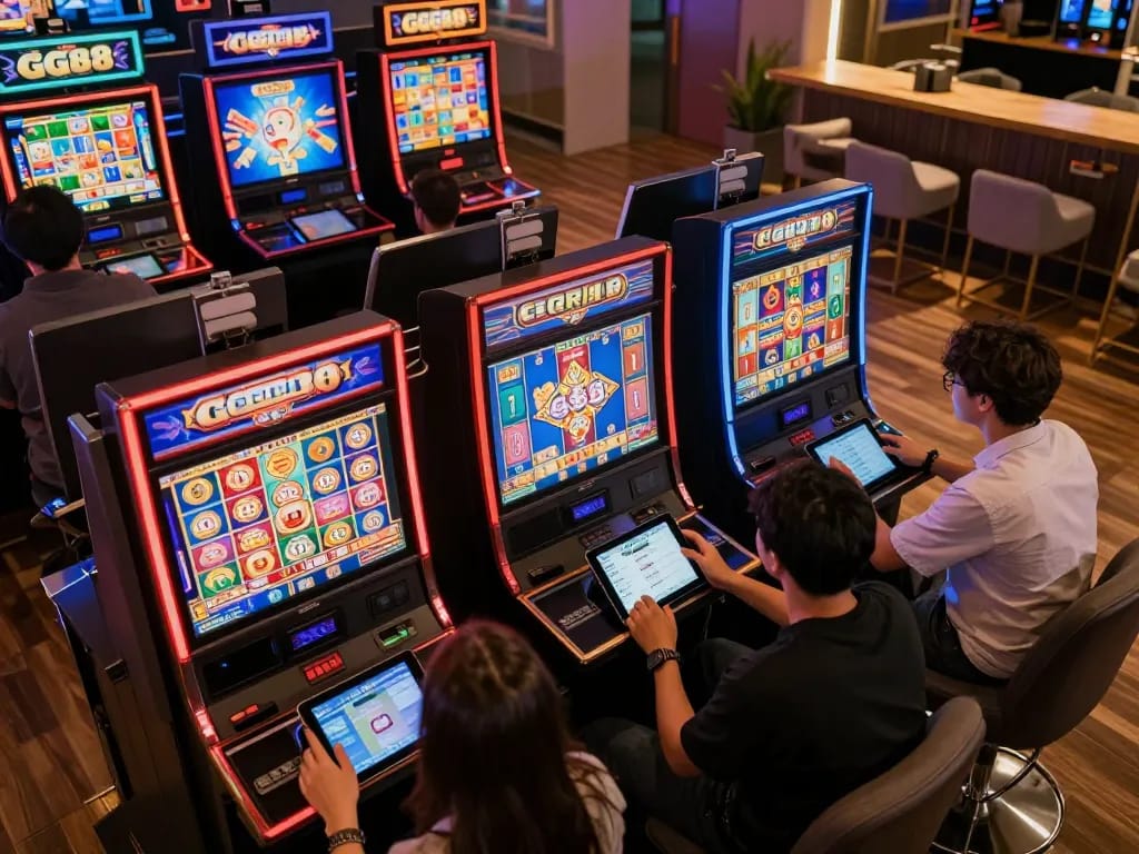 Playing GG88 slot games on a tablet, showcasing vibrant visuals and engaging gameplay