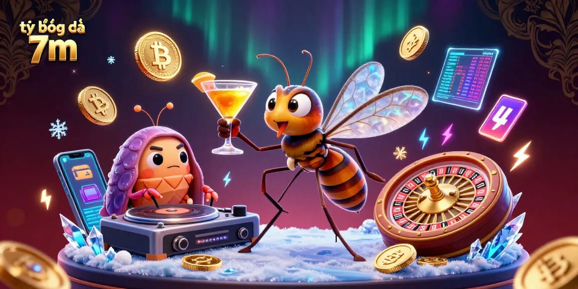 Experience the thrill of tỷ lệ bóng đá 7m with a vibrant 3D illustration featuring a frozen mosquito mascot and fossil DJ.