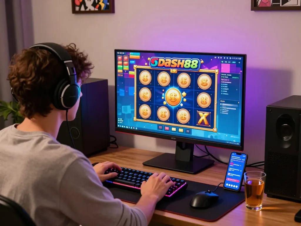 Player enjoying dash88 slot games in vibrant gaming environment with colorful lights and interactive setup.