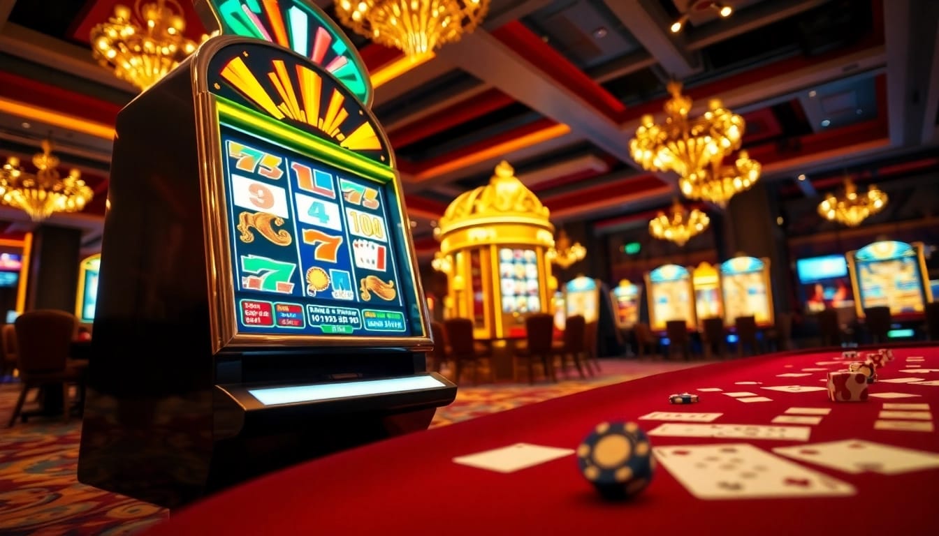 Situs Gacor slot machine in a luxurious casino environment showcasing vibrant colors and gambling excitement.