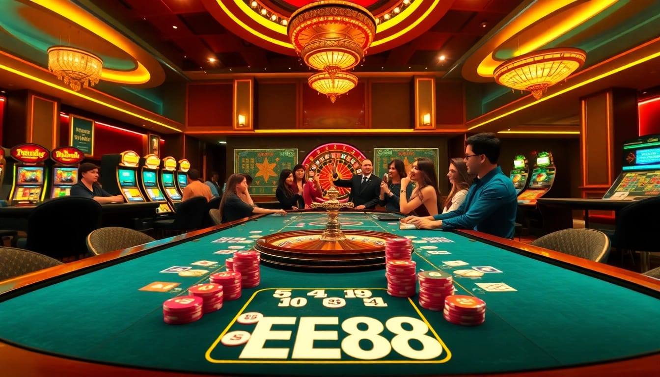 Players enjoying poker at EE88’s luxurious casino table, vibrant chips and cards in action.