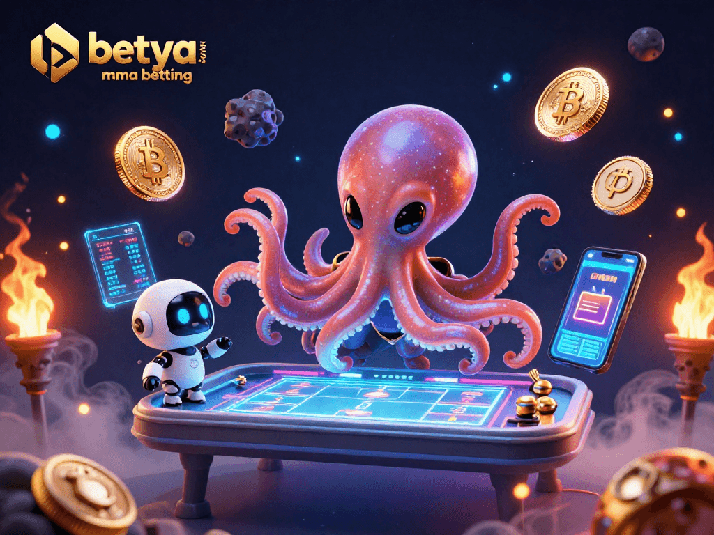 Engage in betya.com MMA betting featuring a vibrant alien octopus and crypto elements in action.