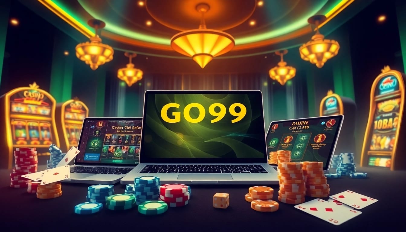 Engage with GO99's online casino interface surrounded by classic gambling elements like poker chips and cards.